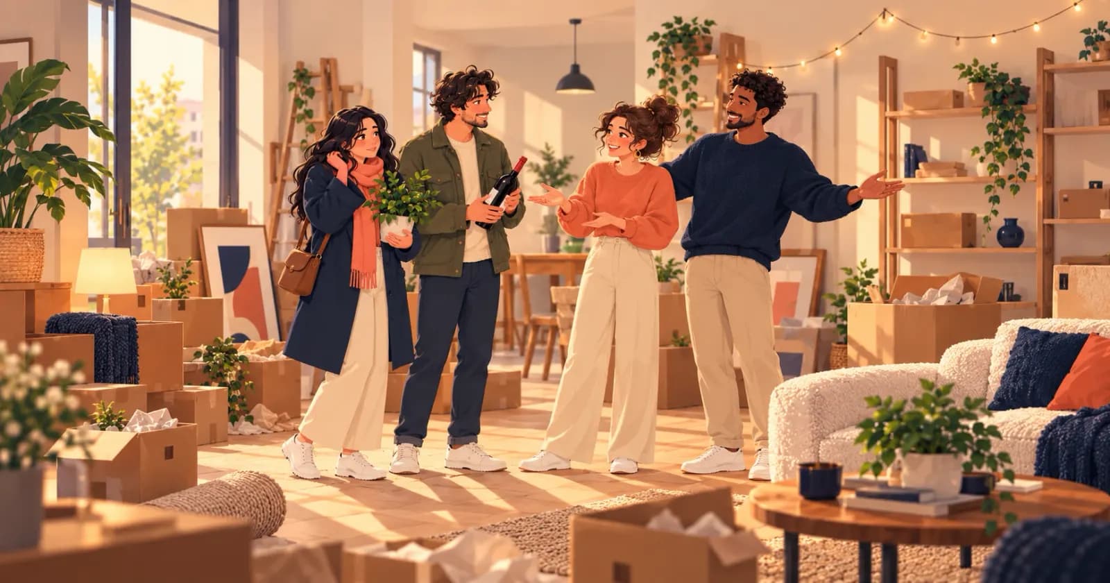 Deux amis arrivent chez des proches qui viennent d’emménager, un petit cadeau à la main, au milieu des cartons et des invités.