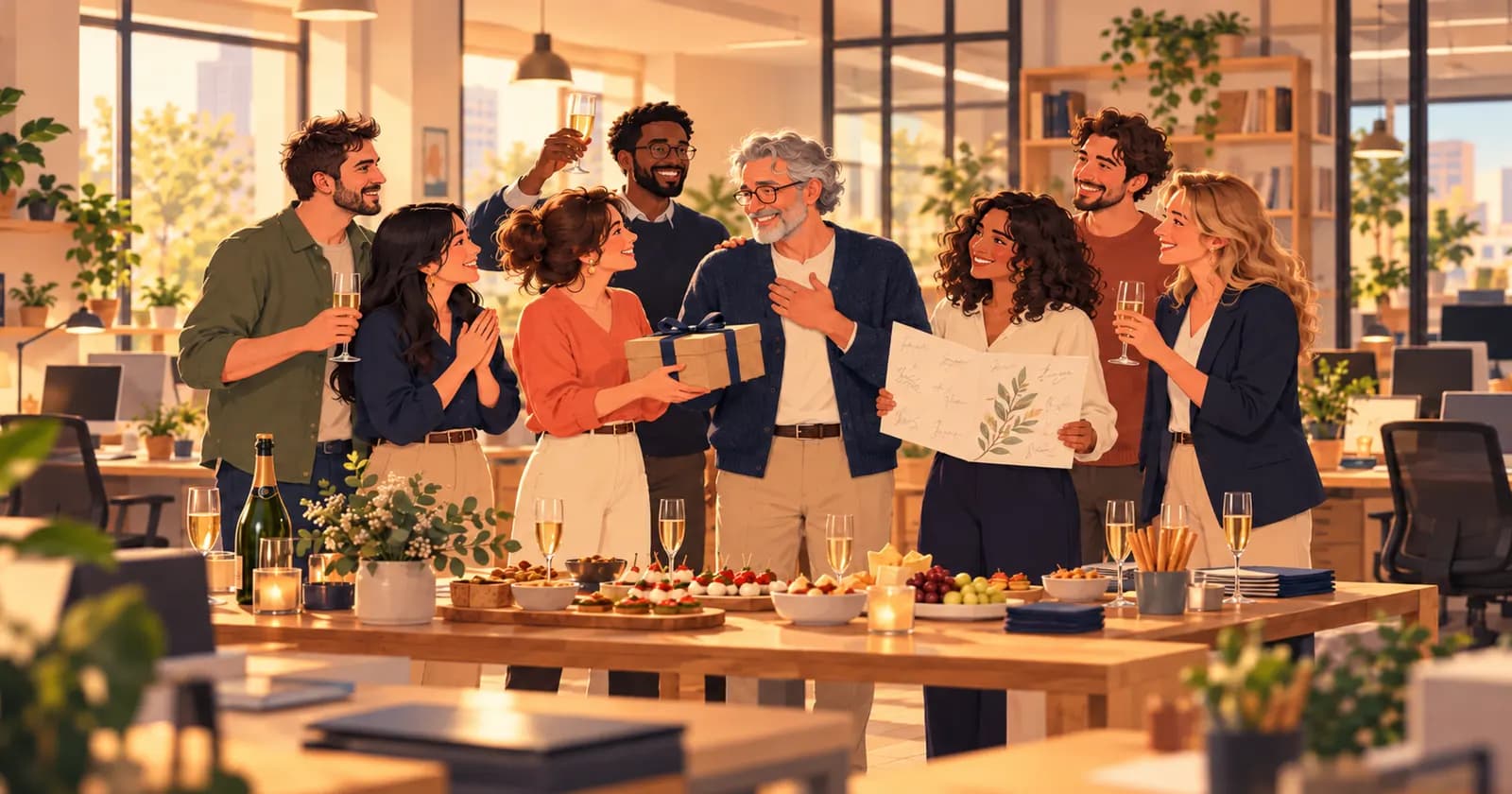 Une équipe réunie autour d’un collègue qui part en retraite : un cadeau à la main, des cartes signées sur la table et des sourires.