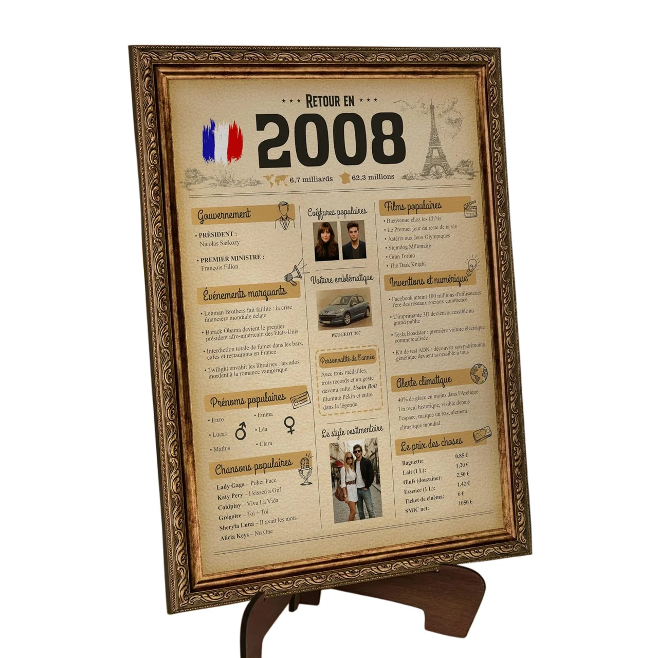 Affiche « Retour en 2008 » avec support, cadeau 18 ans