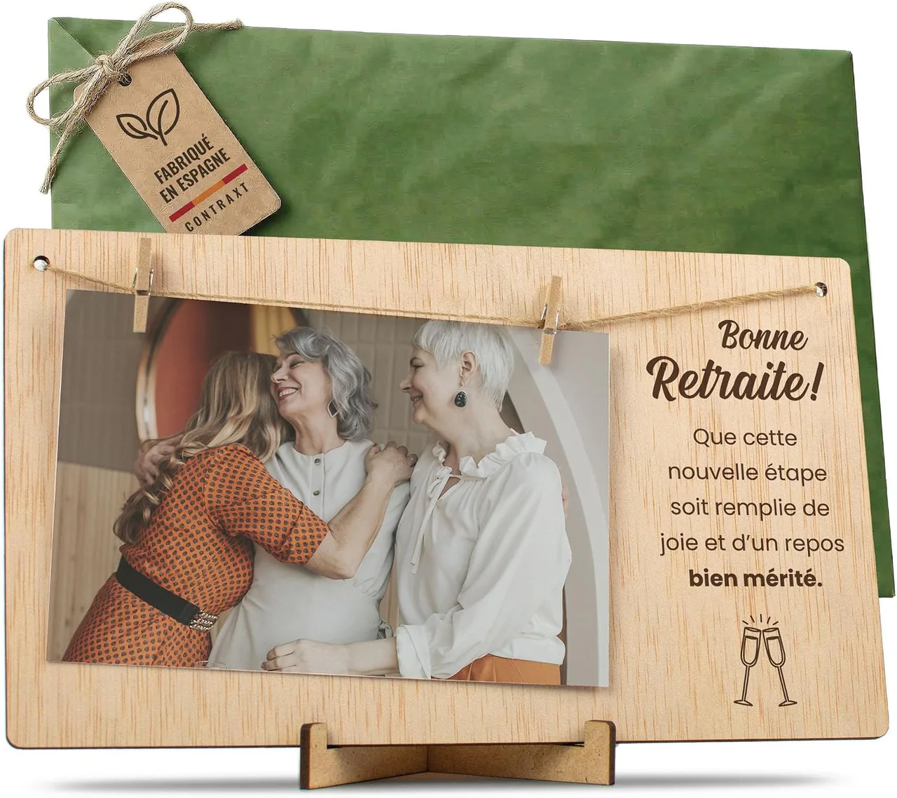 Cadre photo en bois à pinces « Bonne Retraite ! » avec support