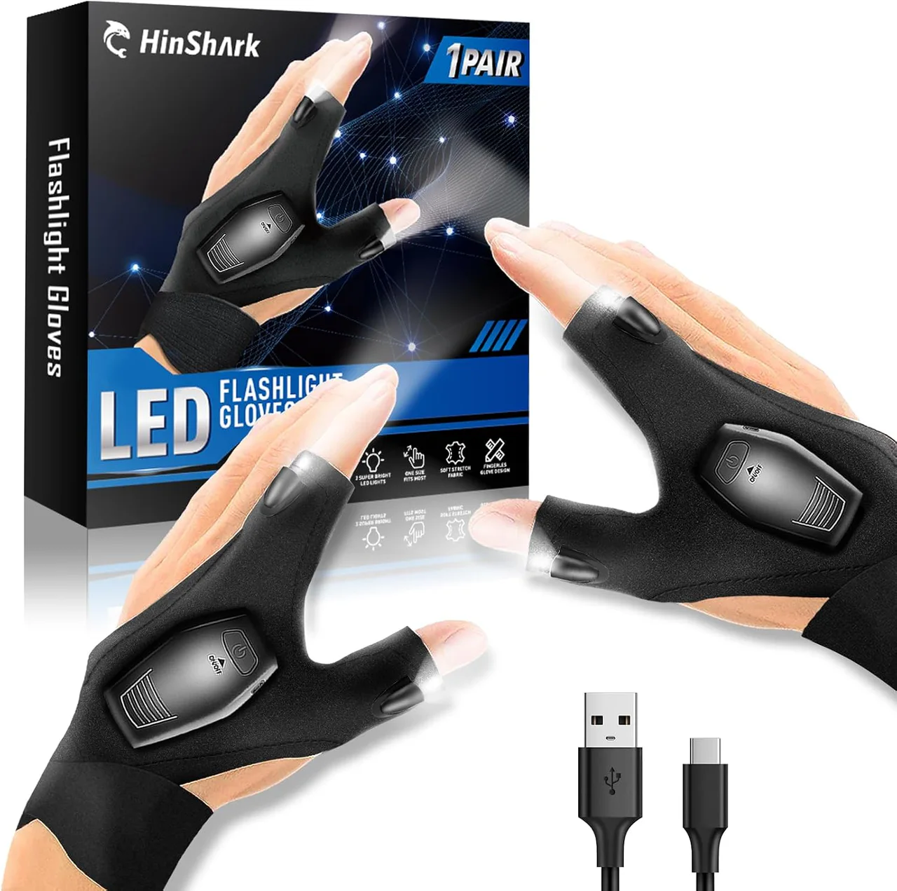 Gants LED rechargeables sans doigts