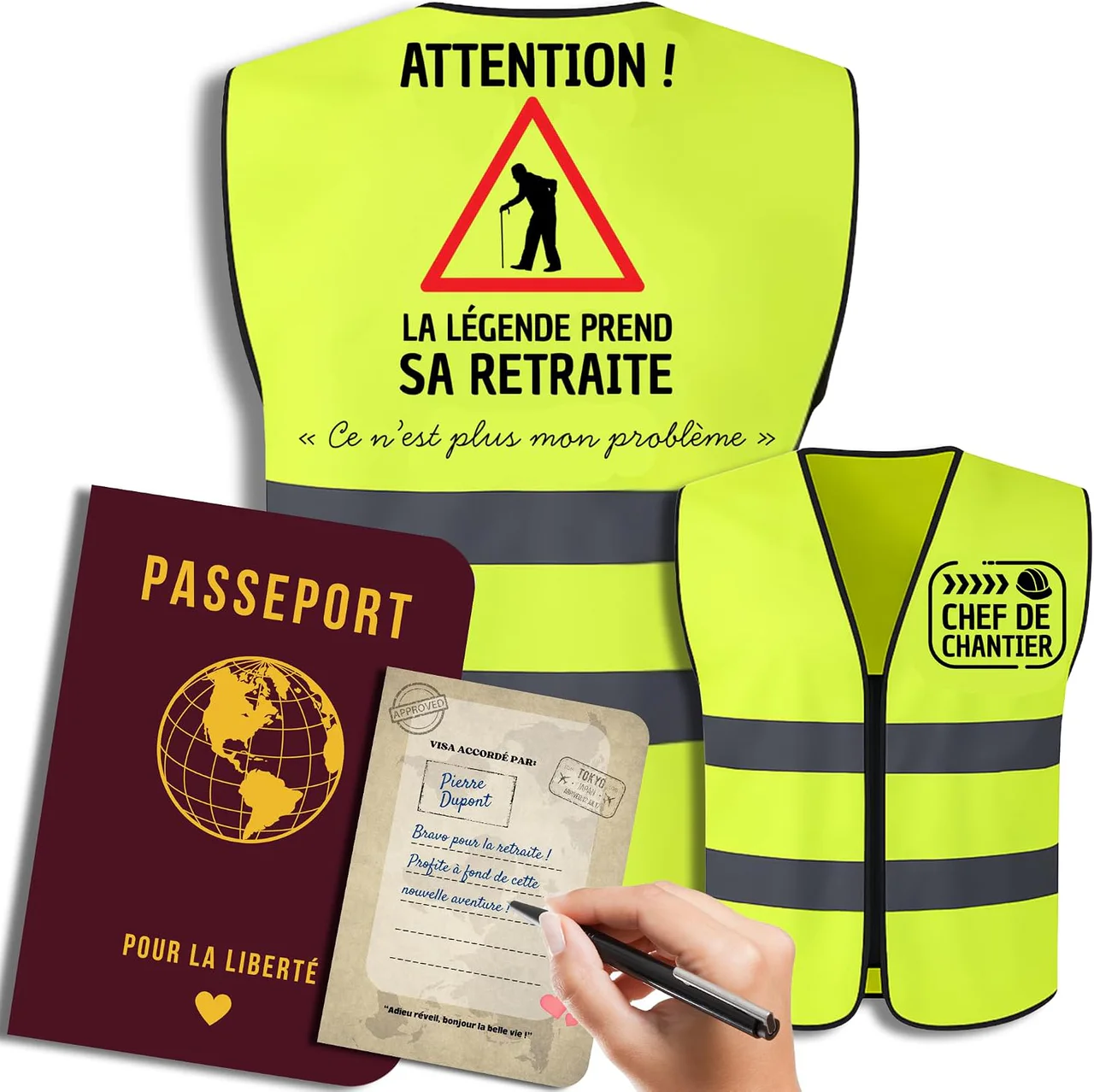 Kit retraite humoristique : gilet jaune et livre d’or passeport