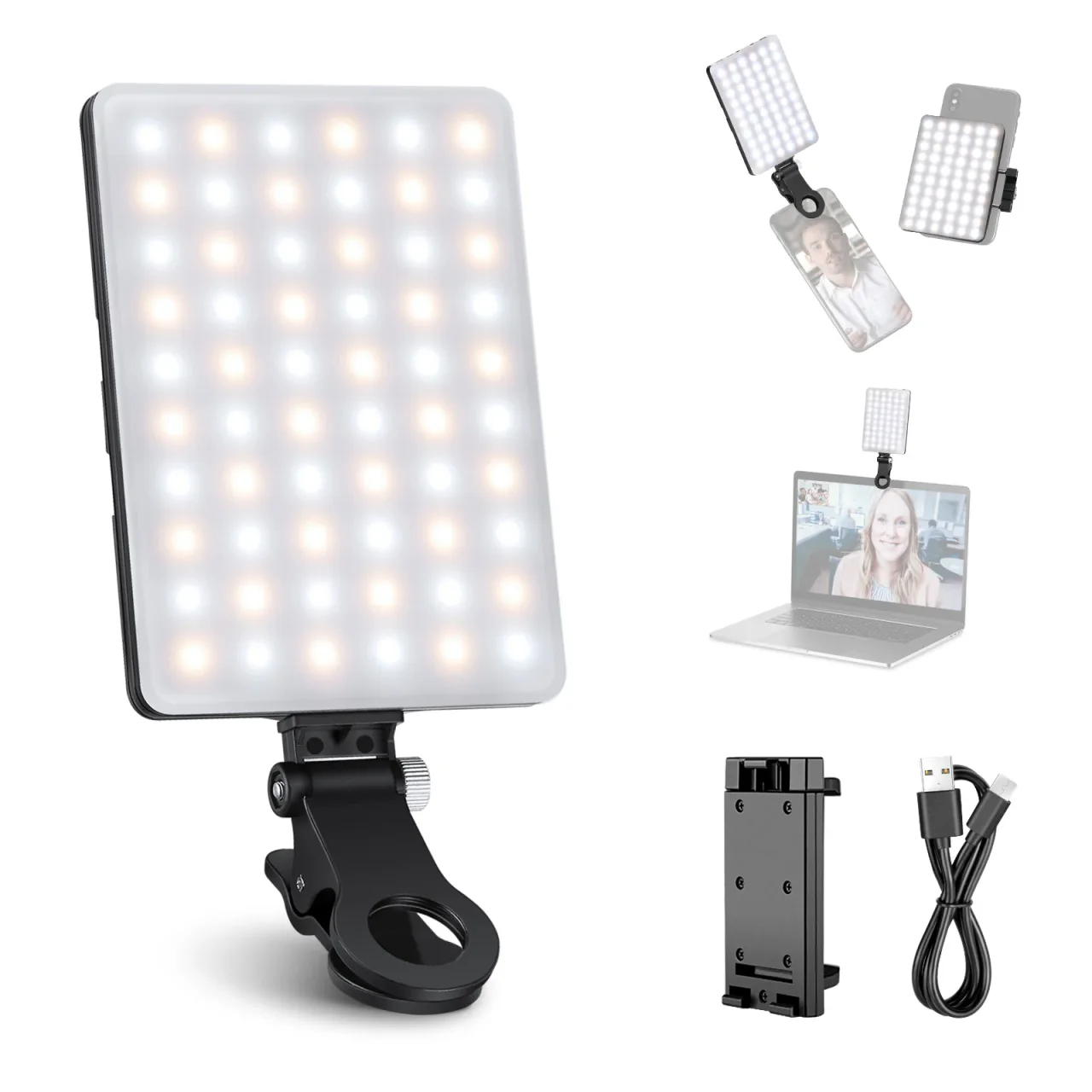 Lampe LED rechargeable à clip pour smartphone, visio et vidéo
