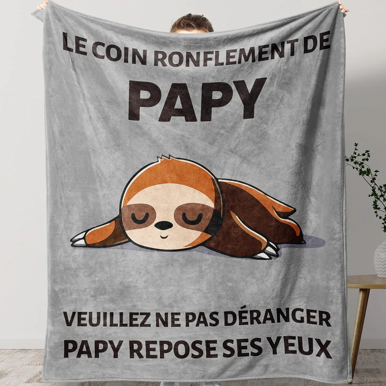Plaid gris en flanelle à motif de paresseux pour Papy