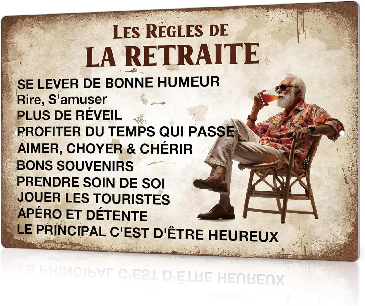 Plaque métal vintage « Les Règles de la Retraite »