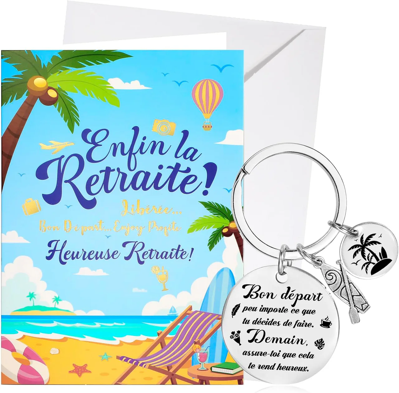 Porte-clés gravé et carte « Enfin la retraite ! » avec enveloppe