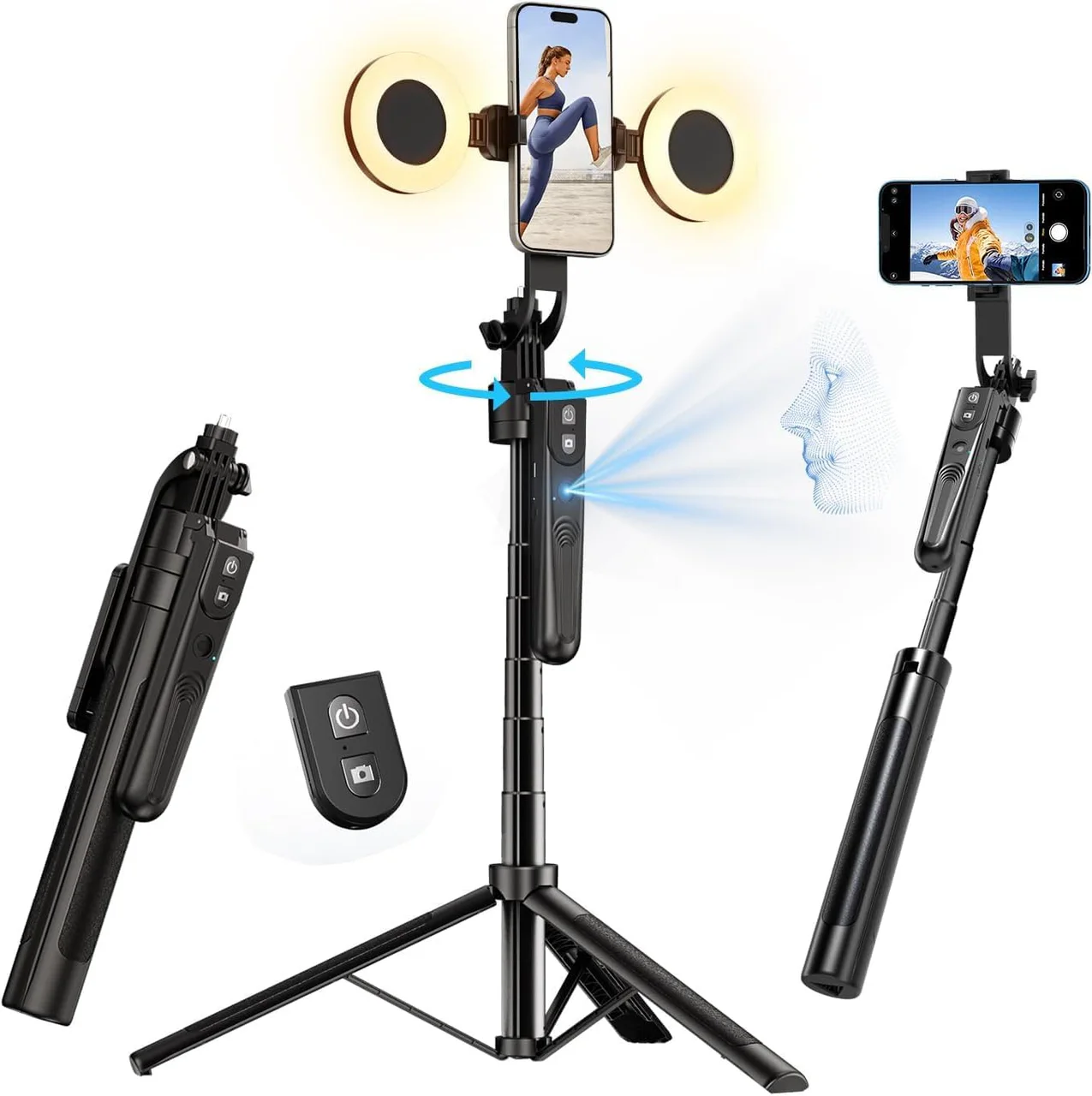 Trépied smartphone à suivi automatique du visage, avec lumière