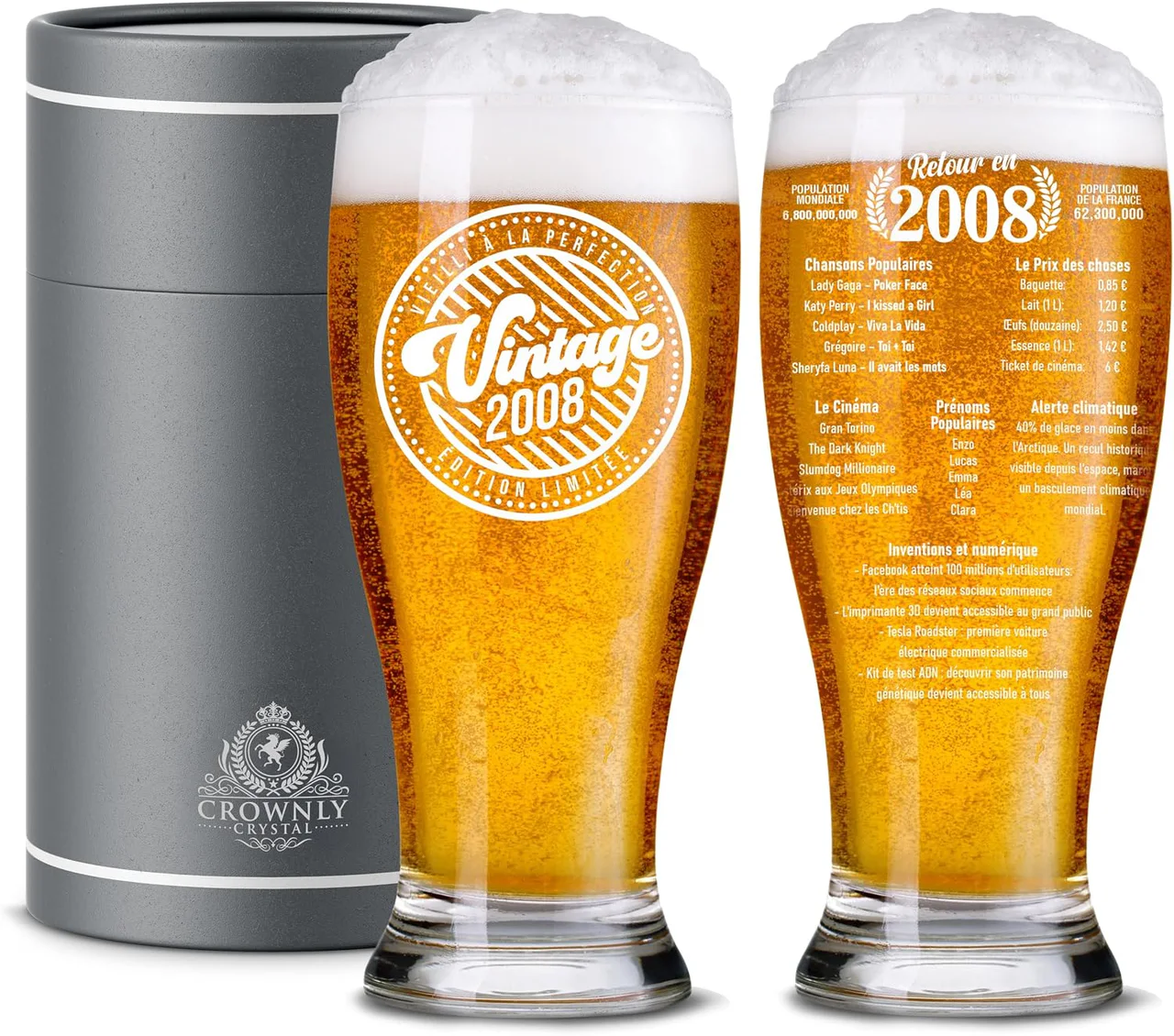 Verre à bière « Retour en 2008 » personnalisé 18 ans, cristal 570 ml